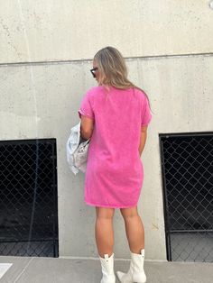 100% COTTON OVERSIZED T-SHIRT SHIFT DRESS MODEL IS WEARING SMALL COLOR: MAGENTA RUNS LARGE LENGTH 34" MODEL MEASUREMENTS: WEIGHT 150 LBS, 5’2”, SIZE 6, BUST 35”, WAIST 28”, HIPS 37”, BRA SIZE 34D Casual V-neck Mini Dress For Loungewear, Casual Cotton T-shirt Dress With Relaxed Fit, Casual Short Sleeve Shift Top, Spring V-neck T-shirt Dress For Loungewear, Casual V-neck T-shirt Dress, Relaxed Fit Casual Dress With Crew Neck, Casual Crew Neck Dress With Relaxed Fit, Trendy Pink Crew Neck Dress, Pink Relaxed Fit Mini Dress For Spring