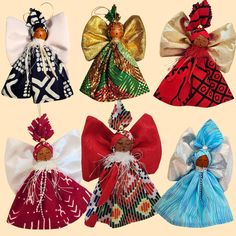 six christmas angel ornaments in different colors and patterns