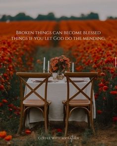 two wooden chairs sitting at a table in front of an open field with red flowers