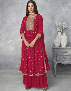 Pink Sharara style Salwar Kameez Faux Georgette Salwar Kameez in Embroidered, Sequins & Lace Work:Arabic Attire #buysalwars #latestshalwarsuits #shalwarkameezwoman #turkishshalwar #sutsalwar #salwaroutfit #ordersalwarkameezonline #shalwarkameezdresses #salwarkhameez #muslimwomensuit #wheretobuysalwarkameezonline #salwarkamez #newsalwarsuits#latestsalwarsuits #indiansalwarsuits Pink Sharara, Dupatta Dress, Palazzo Suit, Indian Party Wear, Salwar Kamiz, Sharara Set, Salwar Kameez Designs, Pakistani Designers, Indian Designer Outfits