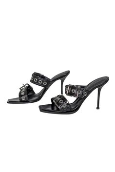 Step into style with Alexander McQueen's black leather square-toe mule heels! Featuring silver grommet double straps and a stiletto heel, these mules add a touch of edginess to any outfit. Perfectly paired with a little black slip dress and an edgy mini bag. Size 10 (IT 40) Leather upper Open toe Slip on mule Square toe Grommet detail with side buckles Comes with the box Heel height 4.5" Mule Heels, Alexander Mcqueen Shoes, Black Slip Dress, Slip On Mules, Black Slip Ons, British Style, Stiletto Heel, Mule, Heeled Mules