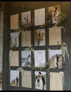 a wall covered in photos and paper with wedding pictures hanging on it's side