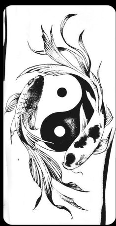 a black and white drawing of two fish with yin - yang symbols on their backs