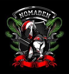 the emblem for nomaden is shown on a black background with red ribbon and two crossed swords