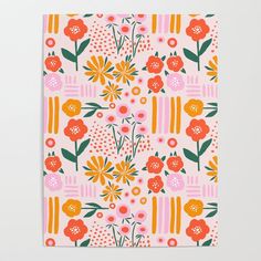 an orange and pink floral pattern on a white background