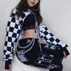 Unique Crop Tops, Loose Crop Top, Egirl Clothes, Checkered Jacket, Plaid Outfits, Crop Top Hoodie, Party Kleidung, Cropped Tops