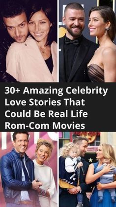 some people are smiling and posing for pictures with the words, 30 amazing celebrity love stories that could be real life rom - com movies