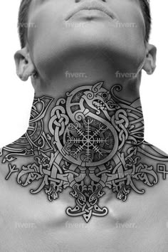 a man's neck with an intricate design on the top and bottom part of his chest