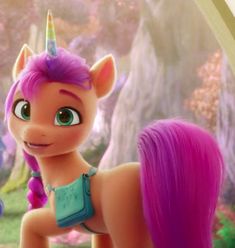 an animated pony with pink hair and blue eyes standing next to another pony in the woods