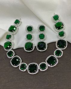 Beautiful AD/CZ stones necksets. Comes with matching earrings. Green Diamond Jewellery, Green Necklace Aesthetic, Ad Necklace Set, Jewelry Room, Areca Nut, Diamond Necklace Wedding, Jewelry Ad, Aesthetic Jewellery, Pandora Bracelet Designs