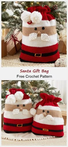 crocheted santa claus bag is shown in two different sizes and has a red ribbon around it