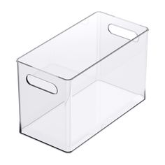 a clear plastic storage box with handles on an isolated white background for product display purposes