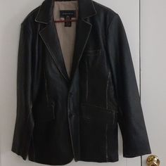 Men's Leather Jacket Never Worn Brand New Size M Casual Leather Business Blazer, Casual Leather Sport Coat For Business, Casual Leather Blazer For Business, Casual Black Leather Blazer, Black Leather Sport Coat With Pockets, Black Leather Blazer With Pockets, Black Leather Sport Coat, Classic Black Sport Coat For Spring, Classic Black Spring Sport Coat