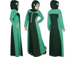 Islamic front open Abaya in green color with princess seam cut to give a slimmer look, recommended for casual and formal wear use.  -Round neck dual color Abaya. -Full front open with snap button closure. -Straight sleeves. -Utility pockets on both sides -Matching Square Hijab (100*100 cm) Fitted Long Sleeve Green Abaya, Green Fitted Long Sleeve Abaya, Green Maxi Length Abaya For Eid, Eid Green Maxi-length Abaya, Green Maxi-length Abaya For Eid, Green Abaya For Eid, Modest Green Abaya For Eid, Green Long Thobe For Eid, Traditional Green Abaya For Eid