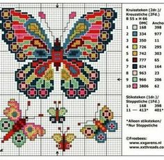 a cross stitch pattern with colorful butterflies on the side and numbers for each butterfly, which are