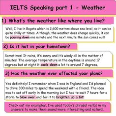 a pink and yellow text box with some words on the bottom right corner that says ielts speaking part 1 - weather