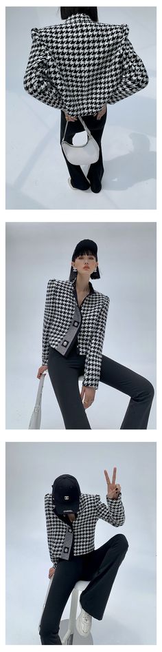 White Houndstooth, Clothes Women, Jacket Blazer, Top Coat, Fashion Clothes, Stand Collar, Fabric Material, Blazer Jacket, Fashion Clothes Women