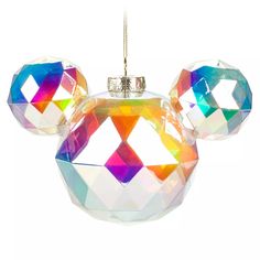 a mickey mouse ornament hanging from a string on a white background in the shape of a diamond