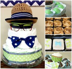 a collage of different cakes and cupcakes with hats, glasses and bow ties