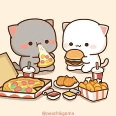 two cats are eating pizza and french fries