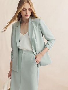 Eleganter Büroanzug für Damen mit Blazer und Rock, langärmlig Kadettenblau Elegant    Einfarbig  Undehnbar  Women Clothing, size features are:Bust: ,Length: ,Sleeve Length: Blazer Light Blue Woman Social Skirt, Chic Blue Sets For Office Wear, Luxury Blue Office Wear Sets, Light Blue Tailored Sets For Workwear, Tailored Light Blue Business Sets, Elegant Office Wear, Cadet Blue, Elegant Office, Urban Threads