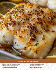 lemon butter baked fish in a baking pan