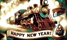 an image of a happy new year card with a train on the tracks and snow globes