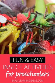 the words fun and easy insect activities for preschoolers on top of a pile of toy bugs