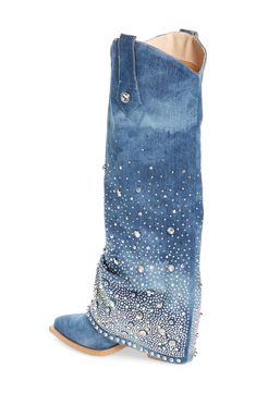 Opalescent rhinestones power up the denim overlay of a glamorous boot that's a party-ready spin on a wild-west favorite. 2" heel (size 6) 15'' shaft; 15 1/2'' calf circumference Textile and synthetic upper/synthetic lining and sole Imported Asian Owned/Founded Denim Themed Party Outfit, Denim And Pearls Outfits, Denim Themed Party, Denim And Diamonds Party Outfit, Denim Boots Outfit, Denim Party Outfit, Diamonds And Denim Party, Western Chic Fashion, Denim And Pearls