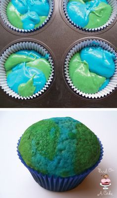 cupcakes with blue and green frosting in muffin tins