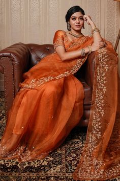 Buy Orange Saree Pure Organza And Blouse Satin Border With For Women by Gul By Aishwarya Online at Aza Fashions. Blouse Satin, Brocade Saree, Peach Saree, Simple Saree Designs, Simple Sarees, Saree Designs Party Wear, Indian Fashion Saree, Traditional Indian Outfits