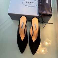 Hormons Prada Shoes Size 10 Black Designer Suede Heels For Office, Designer Black Heels With Deep Heel Cup, Luxury Black Suede Heels, Black Calf Leather Slip-on Heels, Black Slip-on Calf Leather Heels, Designer Black Slip-on Heels, Luxury Black Slip-on Heels, Prada Shoes, Mule Clogs