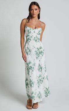 Bettina Midi Dress - Strappy Ruched Bust Slip Dress in Green and White Print Green And White Dress Outfit, Green And White Dresses, Proposal Outfit Ideas, Green White Outfit, Graduation Guest Outfit Ideas, Floral Spring Dresses, Charleston Itinerary, Graduation Guest Outfit, Prom Dress Inspiration