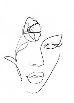 a black and white drawing of a woman's face with flowers on her head