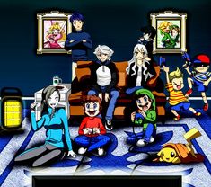 cartoon characters sitting on a couch in front of pictures