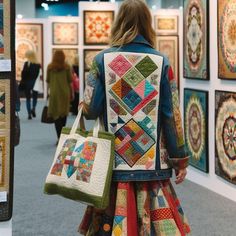 a woman is walking through an art exhibit with many quilts on the walls and floor