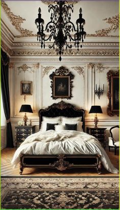 an ornate bedroom with chandelier and white walls