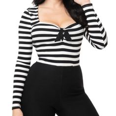 Brand New With Tags. Unique Vintage Maxine Beetlejuice Style Black And White Pinup Striped Top. Perfect For Halloween Season. Size Extra Small But Runs A Little Big And Cut Low. Can Fit A Small In My Opinion. Stretchy Material. Fitted Long Sleeve Black And White Tops, Fitted Black And White Long Sleeve Tops, Fitted Striped Top For Night Out, Striped Fitted Top For Night Out, Fitted Black And White Party Tops, Fitted Black And White Tops For Party, Fitted Black And White Top For Spring, Black Tie Neck Blouse, Orange Fits