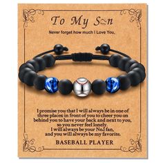 a baseball bracelet with two blue glass beads and a message to my son on it