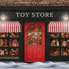 a toy store with red doors and snow on the ground