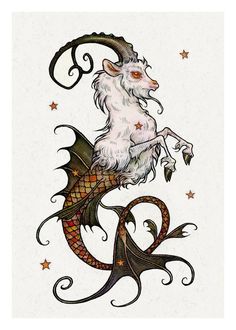 a drawing of a goat with horns and stars on it's body, sitting on top of a dragon tail