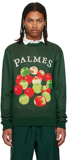 Knit organic cotton sweater. · Rib knit crewneck, hem, and cuffs · Jacquard logo and graphic at front Supplier color: Green Crochet Patch Sweater, Apple Sweater, Patch Sweater, Food Inspired, Green Apples, Fruit And Veg, Knit Crewneck, Green Sweater, Green Apple