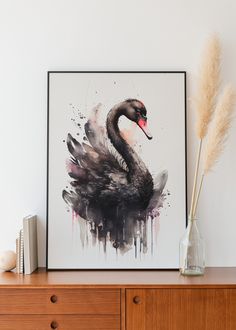 a black swan is sitting on top of a dresser