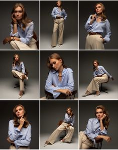 a woman sitting in a chair with her hands on her chins and posing for the camera