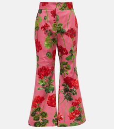 Floral High Rise Cotton Blend Flared Pants in Red - Oscar De La Renta | Mytheresa Spring Floral Print Wide Leg Pants, Feminine Floral Print Wide Leg Bottoms, Feminine Floral Print Wide-leg Bottoms, Elegant Wide-leg Pants With Floral Print, Elegant Floral Print Wide-leg Pants, Spring Floral Print Cotton Pants, Elegant Floral Print Full Length Bottoms, Chic Floral Print Wide Leg Pants, Chic Cotton Summer Flares