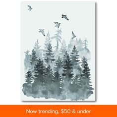 watercolor painting of birds flying in the air over trees on a foggy day