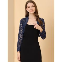 It's designed with floral lace and an open front for a comfortable fit. Crafted from soft and knit fabric, this lace cardigan features feminine full sleeves, and a scalloped hem, and is perfectly covered up with sleeveless dresses for a wedding look. A must-have item in your clothing wardrobe, the lace bolero has long sleeves, and semi-sheer lace, and is finished with a cropped length and could be stretchy a bit. Lace Trim Long Sleeve Outerwear, Winter Long Sleeve Lace Cardigan, Winter Lace Long Sleeve Cardigan, Lace Long Sleeve Fall Cardigan, Fitted Long Sleeve Crochet Lace Cardigan, Fitted Long Sleeve Cardigan With Crochet Lace, Fitted Lace Trim Cardigan For Layering, Long Sleeve Outerwear With Lace Sleeves For Fall, Fitted Lace Cardigan With Crochet Lace