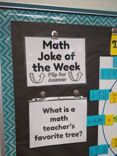 a bulletin board with math jokes on it