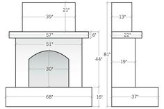 the size and measurements of a fireplace with an arched top, two sides are shown