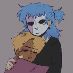 two people hugging each other with blue hair and demon makeup on their faces, one is holding